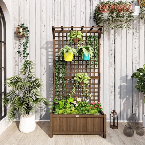 Outsunny Wood Planter with Trellis for Climbing Plants Vines Planter Box Brown