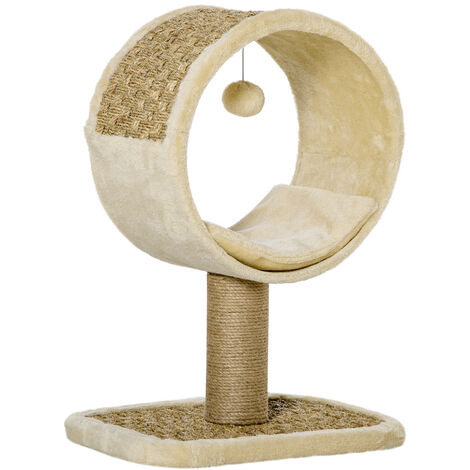 PawHut Small Cat Tree for Indoor Cats w/ Scratching Post, Tunnel, Toy - Beige