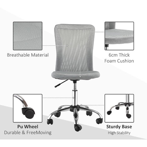 Vinsetto Armless Office Chair Ergonomic Height Adjustable Mesh Back Wheel Grey