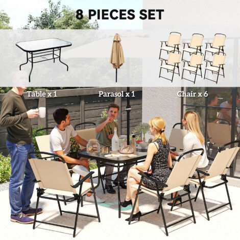 Outsunny Pieces Dining Set Furniture Foldable Chair Table Parasol Beige  Garden