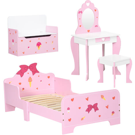 ZONEKIZ 4PCs Kids Bedroom Furniture Set W/ Bed, Toy Box, Dressing Table, Pink