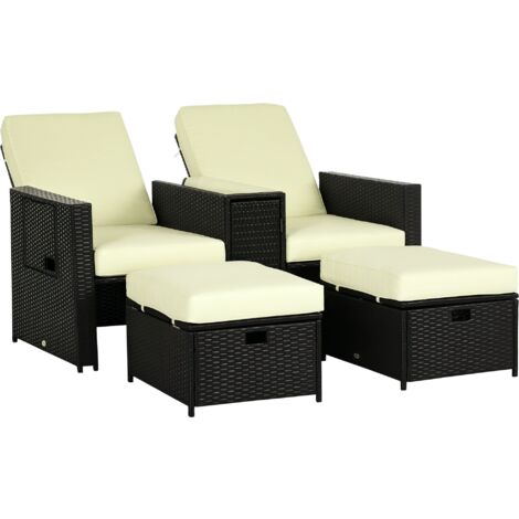 Outsunny Recliner Rattan Sun Lounger w/ Storage Tea Table & Footstools Black