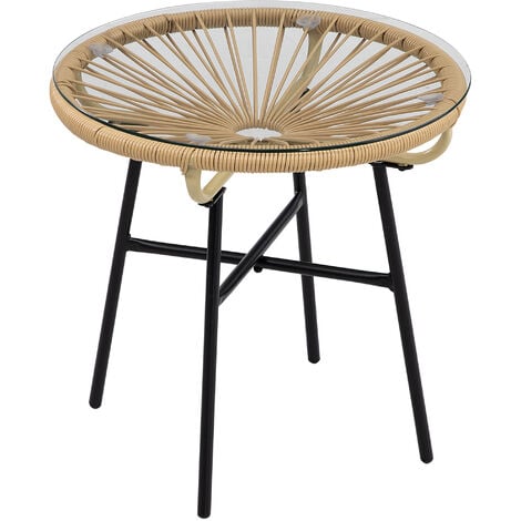Outsunny Rattan Side Table w/ Tempered Glass Tabletop, Beige