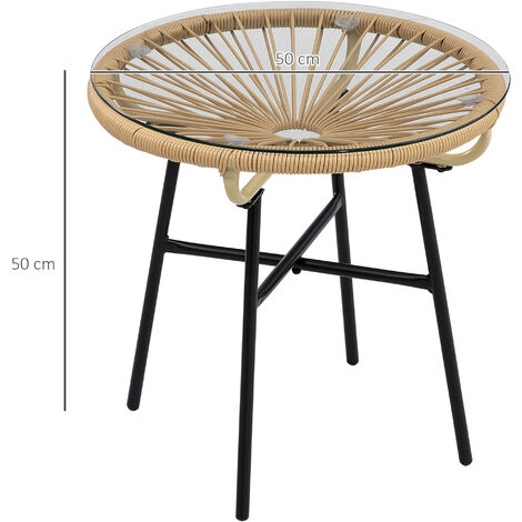 Outsunny Rattan Side Table w/ Tempered Glass Tabletop, Beige