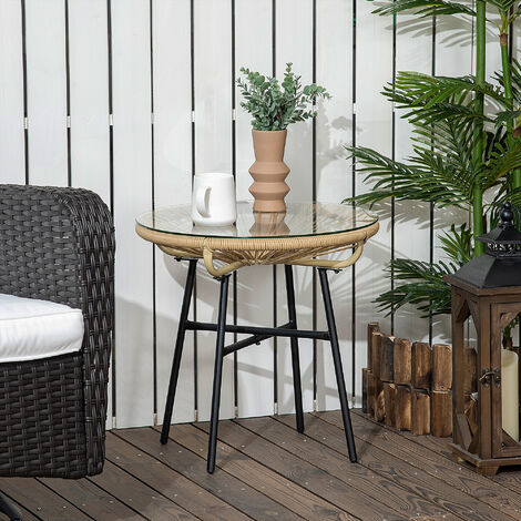 Outsunny Rattan Side Table w/ Tempered Glass Tabletop, Beige