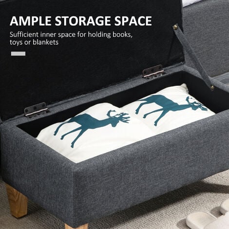 HOMCOM Linen Storage Ottoman Storage Box with Rubberwood Legs, Dark Grey