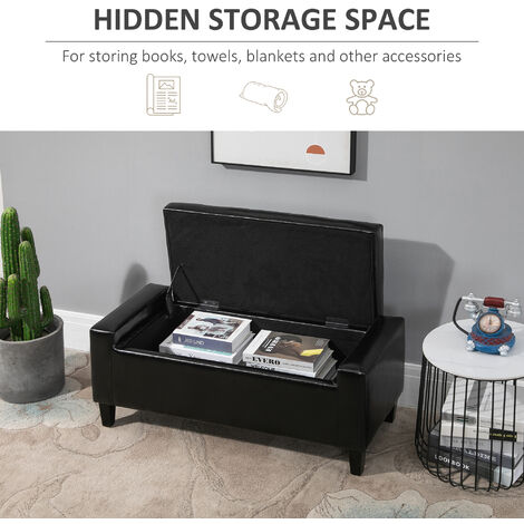 HOMCOM 40x90cm PU Leather Storage Ottoman Bench Wood Frame w/ Tufting Feet Black