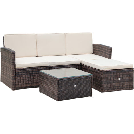 Outsunny 3pc PE Rattan Wicker Set 3-seater Sofa Footstool Table Brown