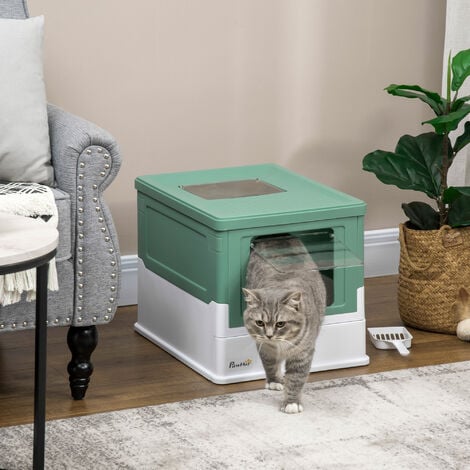 PawHut Hooded Cat Litter Box, Portable Pet Toilet w/ Tray, Scoop, Front Entry Green