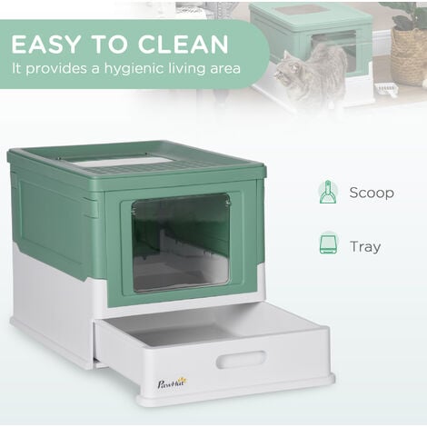 PawHut Hooded Cat Litter Box, Portable Pet Toilet w/ Tray, Scoop, Front Entry Green