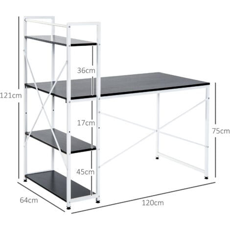 HOMCOM Computer Desk Laptop Table w/4-tier Bookshelf  Metal Frame Black