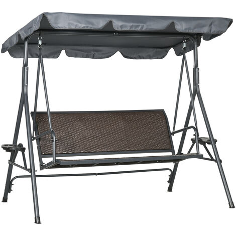 Outsunny 3 Seater Garden Swing Seat Bench w/ Adjustable Canopy, Dark Grey