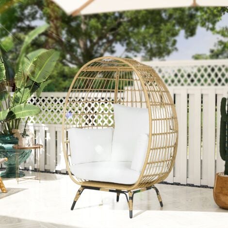 Outsunny PE Rattan Egg Chair w/ Padded Cushions for Garden, Khaki