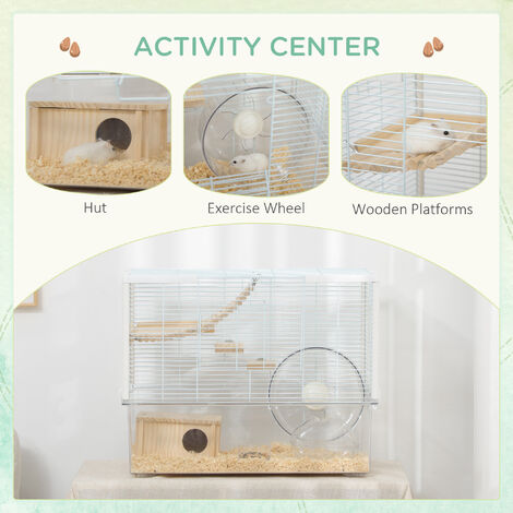 PawHut Hamster Cage, Gerbil Cage w/ Deep Bottom, Wooden Ramp, Exercise ...