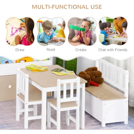 HOMCOM 4-Piece Kids Table and Chair Set with 2 Wooden Chairs, 1 Storage Bench Natural