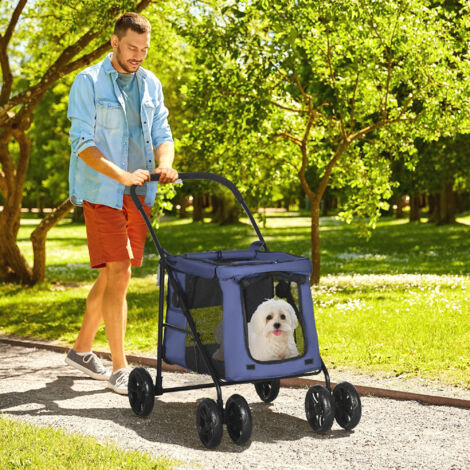 PawHut One-Click Foldable Pet Stroller, Dog Cat Travel Pushchair for Small Pets Blue
