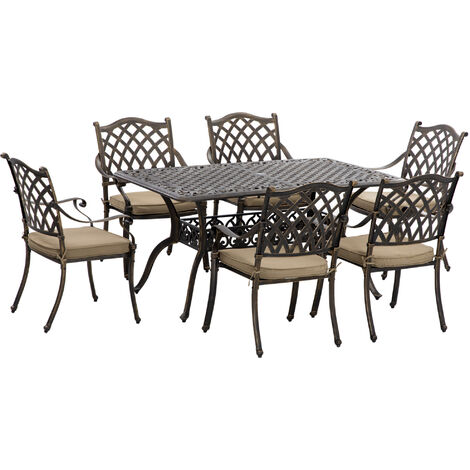 Outsunny 7-PC Cast Aluminum Patio Dining Set w/ Umbrella Hole & Cushion Bronze