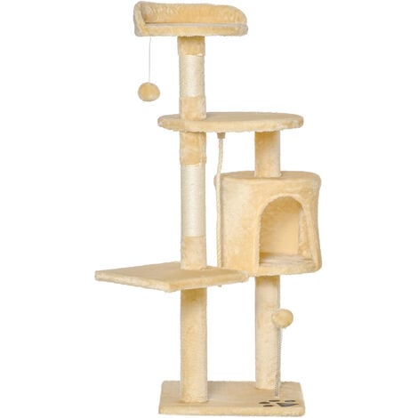 PawHut Cat Tree Pet Activity Centre Kitty Condo Climbing Scratching Post with Toys 4-tier 114cm Tall Beige