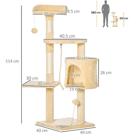 PawHut Cat Tree Activity Centre Scratching Post With Toys 4-tier Beige 114cm