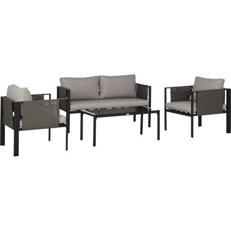 Outsunny 4 Piece Garden Sofa Set w/ Tempered Glass Coffee Table Light Grey (1/5)