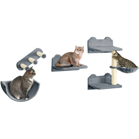 PawHut 4PCs Wall Mounted Cat Tree Cat Wall Shelves Climbing Shelf Scratch Post Grey