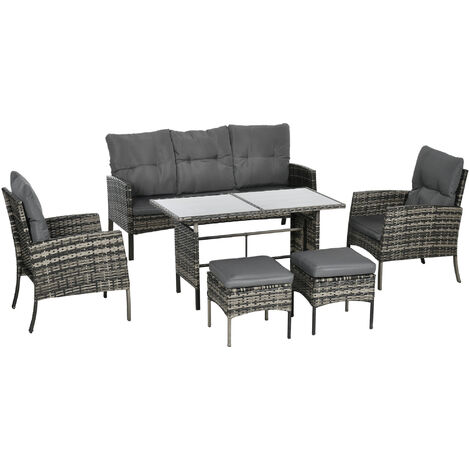 Outsunny Rattan Garden Furniture Sofa Set, 2 Armchairs 2 Footstools Table Grey (1/5)