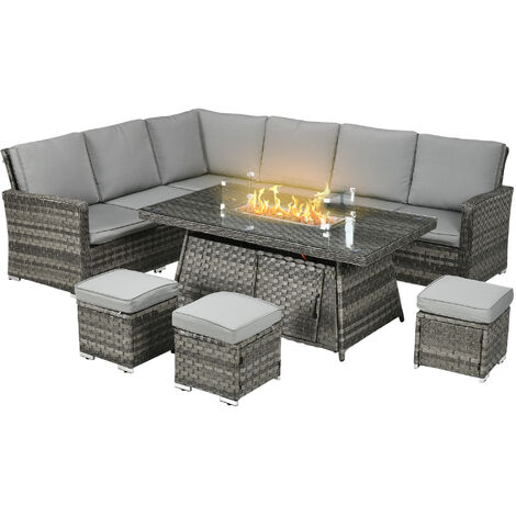 Outsunny 7 Pieces Rattan Garden Furniture Set w/ 50,000 BTU Fire Pit Table (1/5)