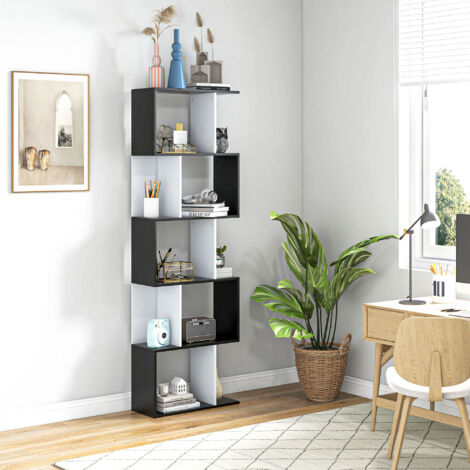 5-tier Bookcase Storage Display Shelving S Shape design Unit Divider Particle Black