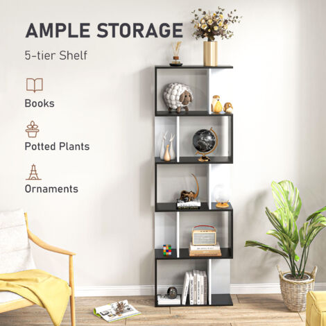 5-tier Bookcase Storage Display Shelving S Shape design Unit Divider Particle Black