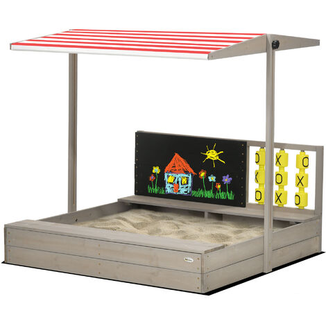 Outsunny Kids Wooden Sandpit, Sandbox w/ Canopy, Seats, for Gardens - Grey