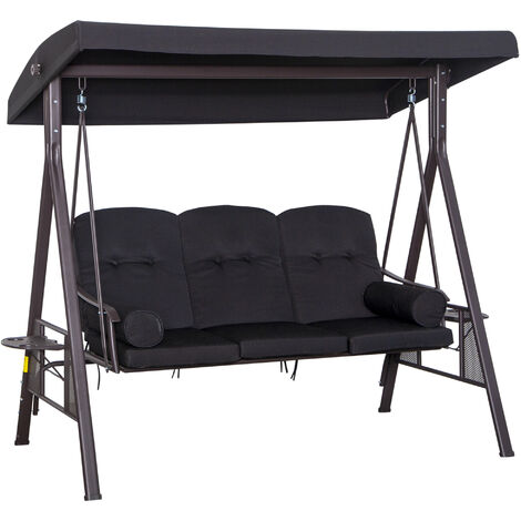 Outsunny 3 Seat Garden Swing Chair Patio Steel Swing Bench w/ Cup Trays Black