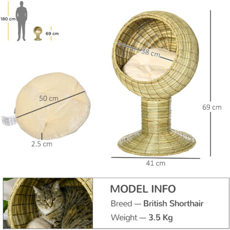 PawHut Raised Cat House, Natural Mat Grass Cat Bed w/ Stand Cushion, Φ41x 69 cm
