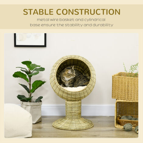 PawHut Raised Cat House, Natural Mat Grass Cat Bed w/ Stand Cushion, Φ41x 69 cm