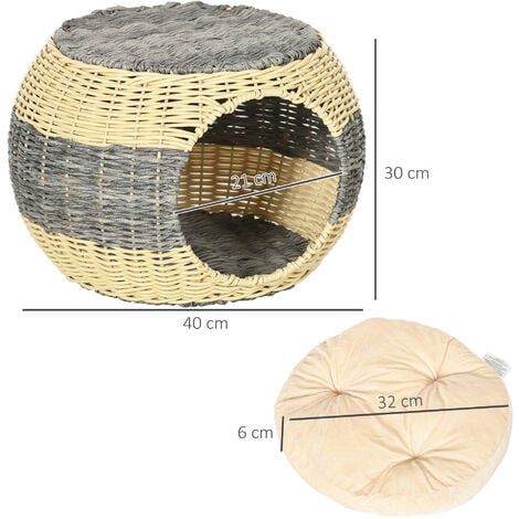 PawHut Wicker Cat House, Rattan Raised Cat Bed w/ Soft Cushion, Φ40 x 30cm