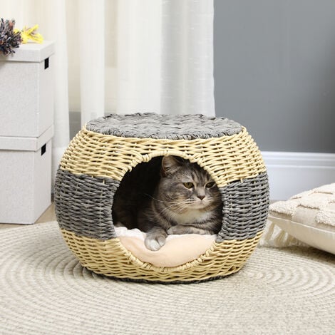 PawHut Wicker Cat House, Rattan Raised Cat Bed w/ Soft Cushion, Φ40 x 30cm