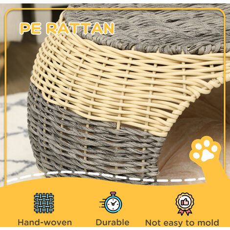 PawHut Wicker Cat House, Rattan Raised Cat Bed w/ Soft Cushion, Φ40 x 30cm