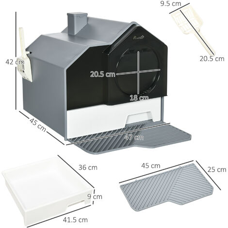 PawHut Hooded Cat Litter Tray w/ Scoop, Drawer Pan, Handle, Deodorants Grey