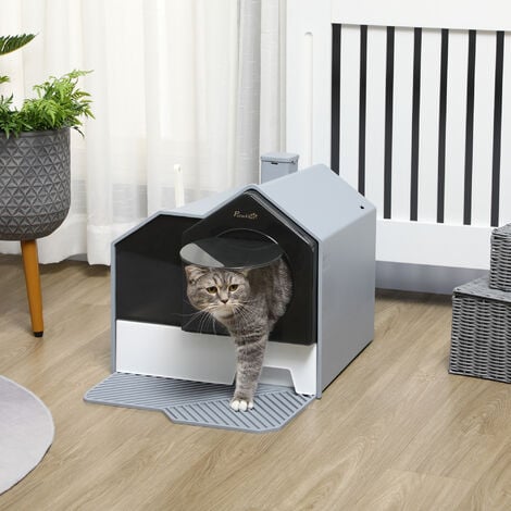 PawHut Hooded Cat Litter Tray w/ Scoop, Drawer Pan, Handle, Deodorants Grey