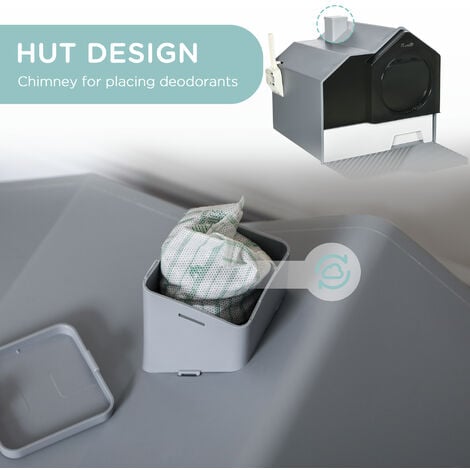 PawHut Hooded Cat Litter Tray w/ Scoop, Drawer Pan, Handle, Deodorants Grey