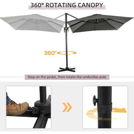 Outsunny Square Cantilever Roma Parasol 360° Rotation w/ Hand Crank Grey