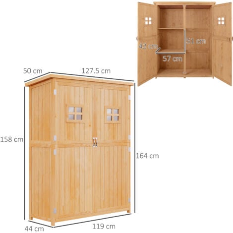 Outsunny Wooden Garden Shed Tool Storage Cabinet Double Door Shelf Nature Wood