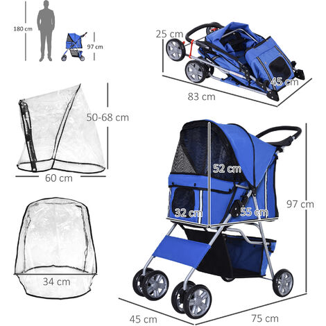 PawHut Dog Stroller W/ Rain Cover, Foldable Pet Pram for S, XS Dogs, Blue