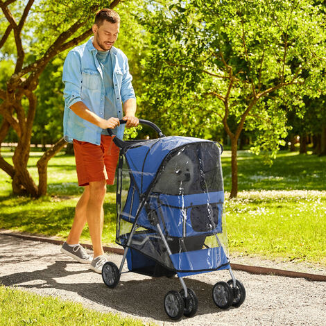 PawHut Dog Stroller W/ Rain Cover, Foldable Pet Pram for S, XS Dogs, Blue