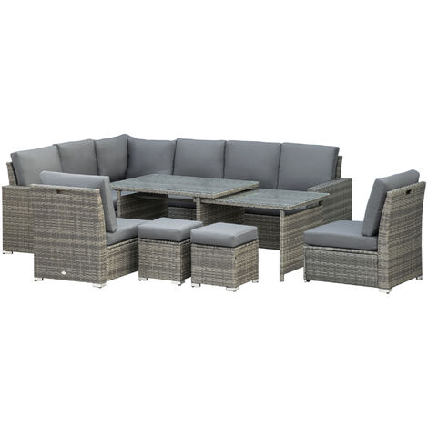 Outsunny – 10-seater garden sofa sectional set – Cushioned seats with removable covers – Expandable glass table – Steel frame with plastic rattan (1/5)