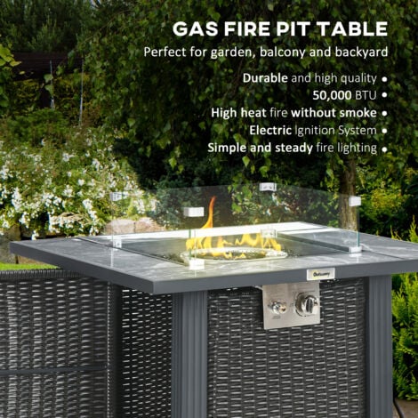 Outsunny Rattan Fire Pit Table with Rain Cover and Windscreen