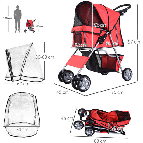 PawHut Dog Stroller W/ Rain Cover, Foldable Pet Pram for S, XS Dogs, Red