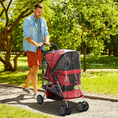 PawHut Dog Stroller W/ Rain Cover, Foldable Pet Pram for S, XS Dogs, Red