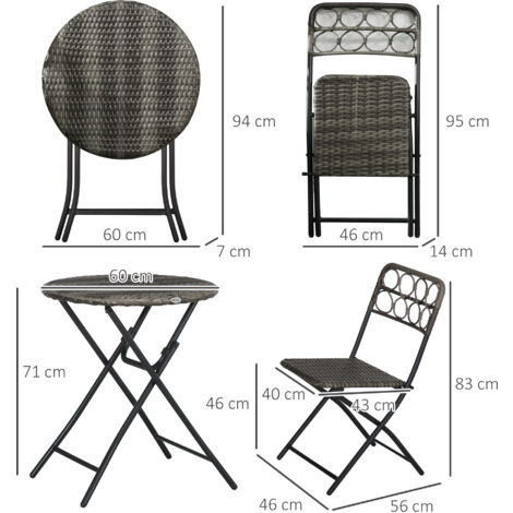 Outsunny 3 PCS Folding Rattan Wicker Bistro Set, Coffee Table Set Grey
