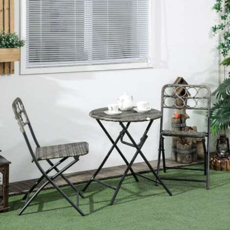 Outsunny 3 PCS Folding Rattan Wicker Bistro Set, Coffee Table Set Grey