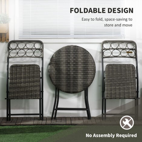 Outsunny 3 PCS Folding Rattan Wicker Bistro Set, Coffee Table Set Grey